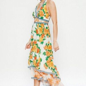 Floral Halter Maxi Dress - Italy floral Orange and Green